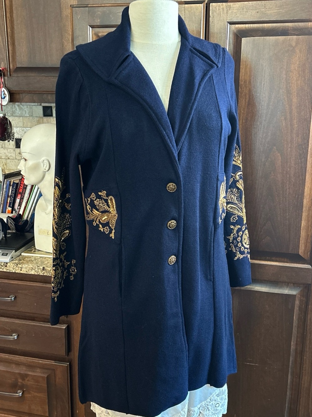 Soft Surroundings Sz M Navy Embroidered Coat Jacket with Gold Accents Military